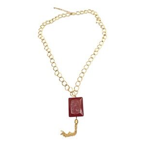 Gold Tone Links Tassel Necklace Red Stone Pendant Statement J22